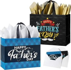 13" Fathers Day Gift Bag with Tissue Paper,2 Pack Large Father's Day Bag Bulk,Reusable Gift Bag with Handles -Father's Day Gifts for Dad,Grandpa,New Dad,Brother,Grandfather Fathers,Uncle (Black,Blue)