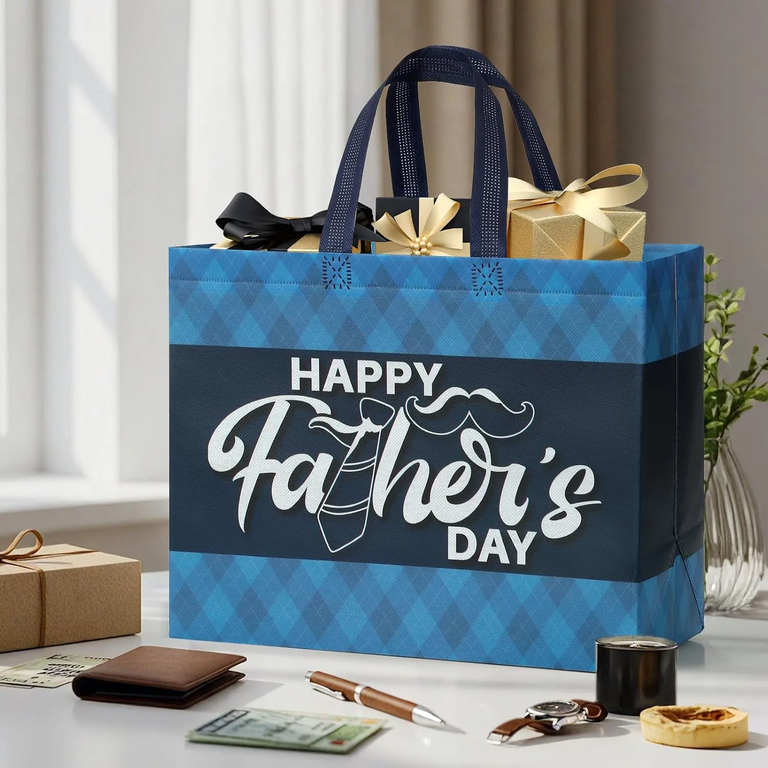 13" Fathers Day Gift Bag with Tissue Paper,2 Pack Large Father's Day Bag Bulk,Reusable Gift Bag with Handles -Father's Day Gifts for Dad,Grandpa,New Dad,Brother,Grandfather Fathers,Uncle (Black,Blue)