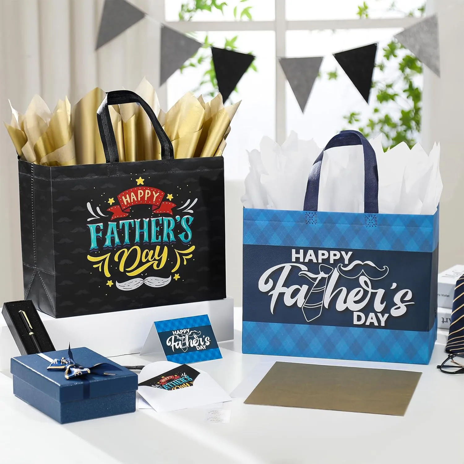 13" Fathers Day Gift Bag with Tissue Paper,2 Pack Large Father's Day Bag Bulk,Reusable Gift Bag with Handles -Father's Day Gifts for Dad,Grandpa,New Dad,Brother,Grandfather Fathers,Uncle (Black,Blue)