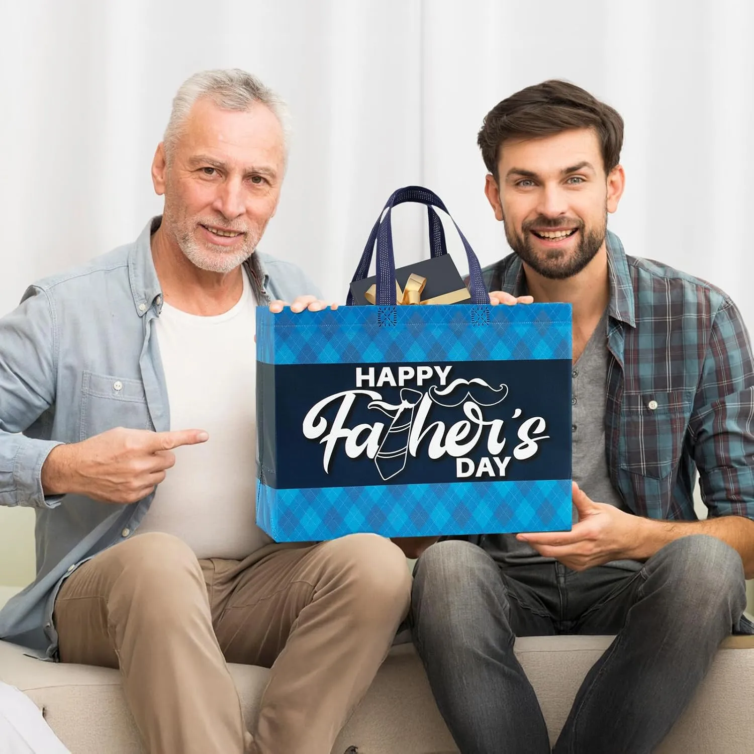 13" Fathers Day Gift Bag with Tissue Paper,2 Pack Large Father's Day Bag Bulk,Reusable Gift Bag with Handles -Father's Day Gifts for Dad,Grandpa,New Dad,Brother,Grandfather Fathers,Uncle (Black,Blue)
