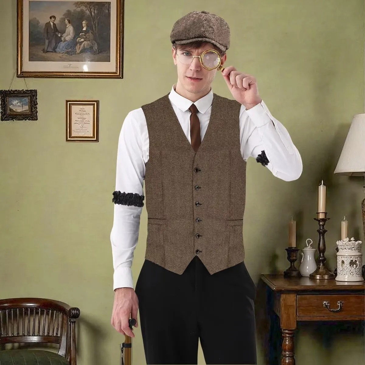 1920s Mens Costume Roaring 20s Costumes Accessories Set 1920s Vest Suspenders Hat Pocket Watch Tie