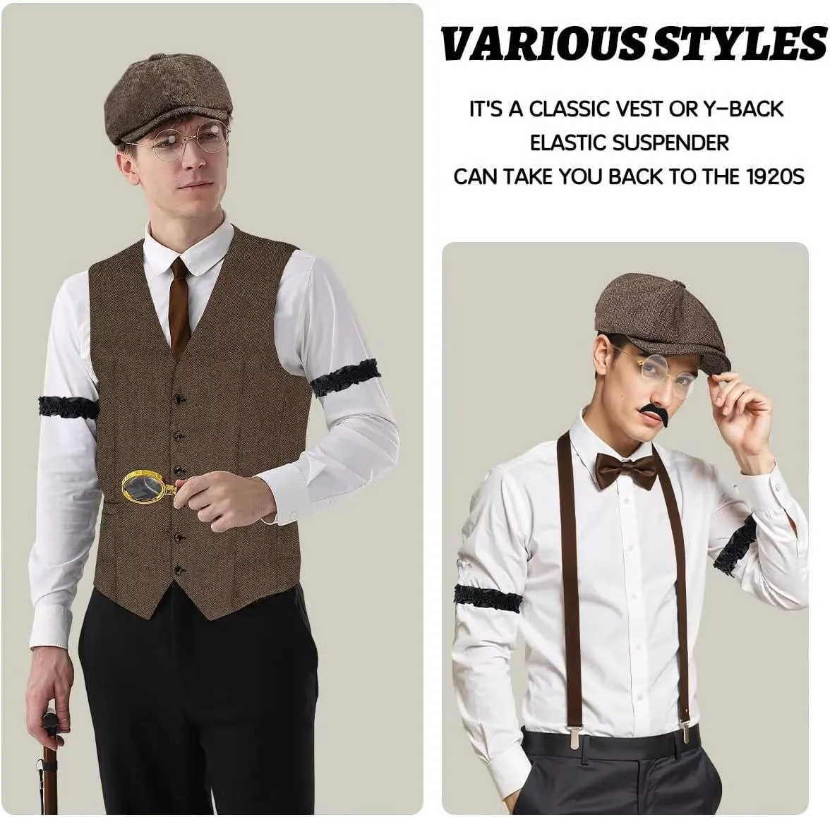 1920s Mens Costume Roaring 20s Costumes Accessories Set 1920s Vest Suspenders Hat Pocket Watch Tie