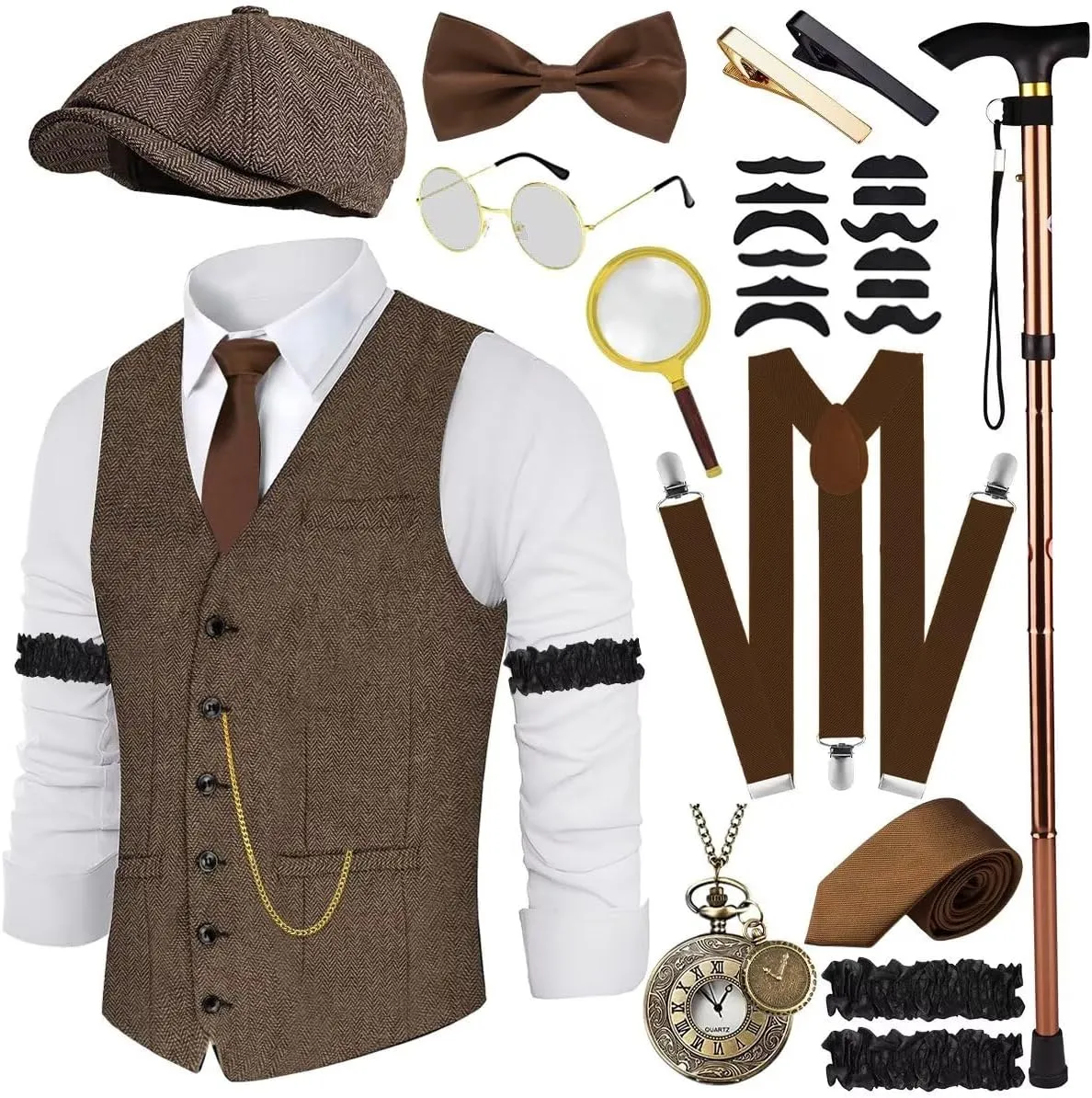 1920s Mens Costume Roaring 20s Costumes Accessories Set 1920s Vest Suspenders Hat Pocket Watch Tie