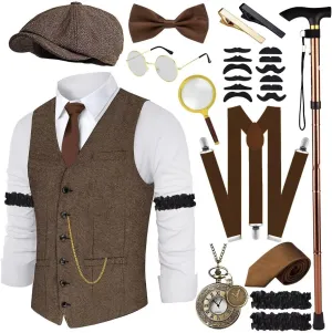 1920s Mens Costume Roaring 20s Costumes Accessories Set 1920s Vest Suspenders Hat Pocket Watch Tie