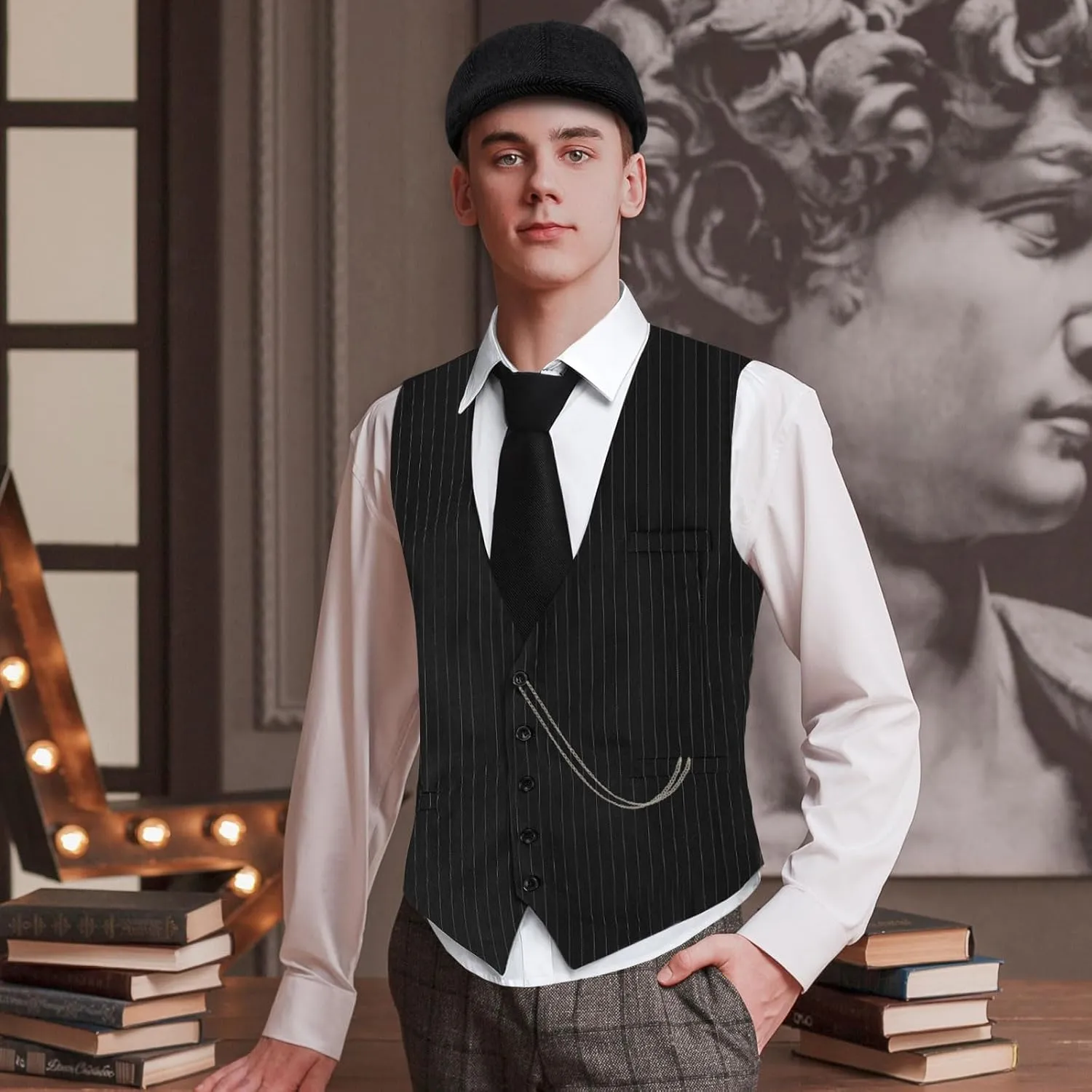 1920s Mens Costume,Roaring 20s Costumes for Men,1920S Mens Outfit Accessories with Vest Hat Pocket Watch Tie Armband