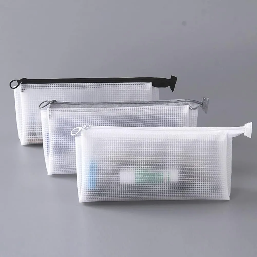 2 Pcs Clear Plastic Pencil Cases Zipper Mesh Bags Travel Cosmetic Pouches Waterproof Makeup Bags Zip Storage Bags Multi Purpose Zippered Bags Gray and Black