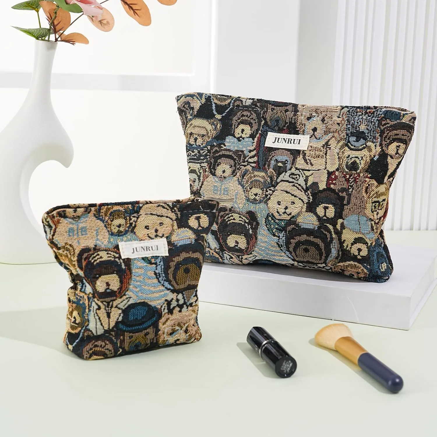 2 PCS Makeup Bag SetPortable Cosmetic Bag for Purse Large Storage Capacity Toiletry Bag OrganizerTravel Pouch with Zipper for Women, (Bear Blue)