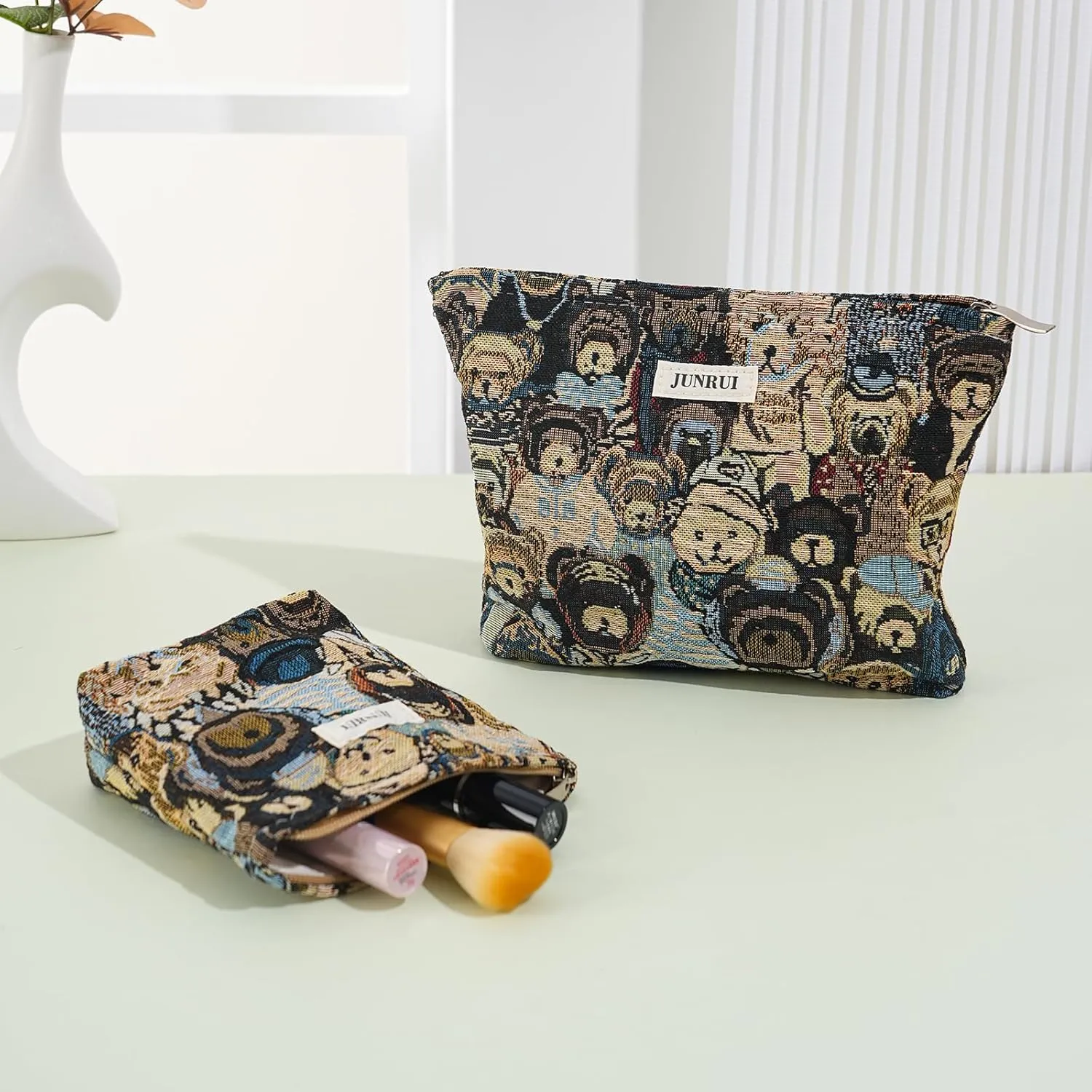2 PCS Makeup Bag SetPortable Cosmetic Bag for Purse Large Storage Capacity Toiletry Bag OrganizerTravel Pouch with Zipper for Women, (Bear Blue)