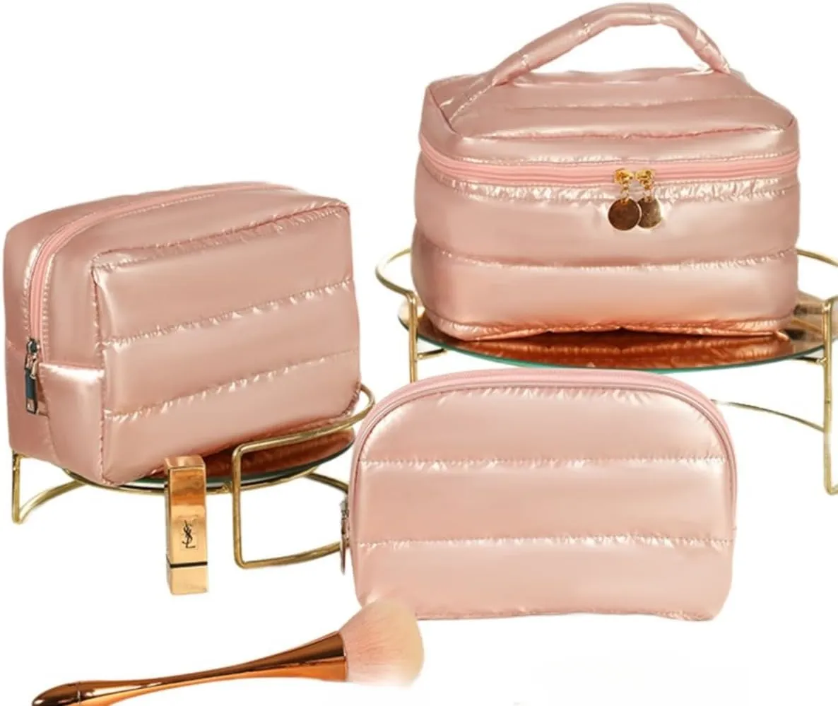 3 Piece Waterproof Portable Cosmetic Bag Set Large Capacity Travel Makeup Bags for Women (Pink)