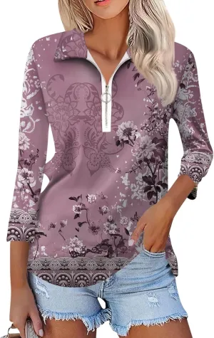 3/4 Length Sleeve Shirts for Women 2024 Trendy 1/2 Zipper Collar Lapel Tops Plain Color Tees Tunic Blouses Clothing