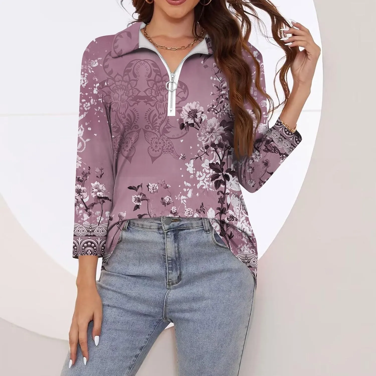 3/4 Length Sleeve Shirts for Women 2024 Trendy 1/2 Zipper Collar Lapel Tops Plain Color Tees Tunic Blouses Clothing