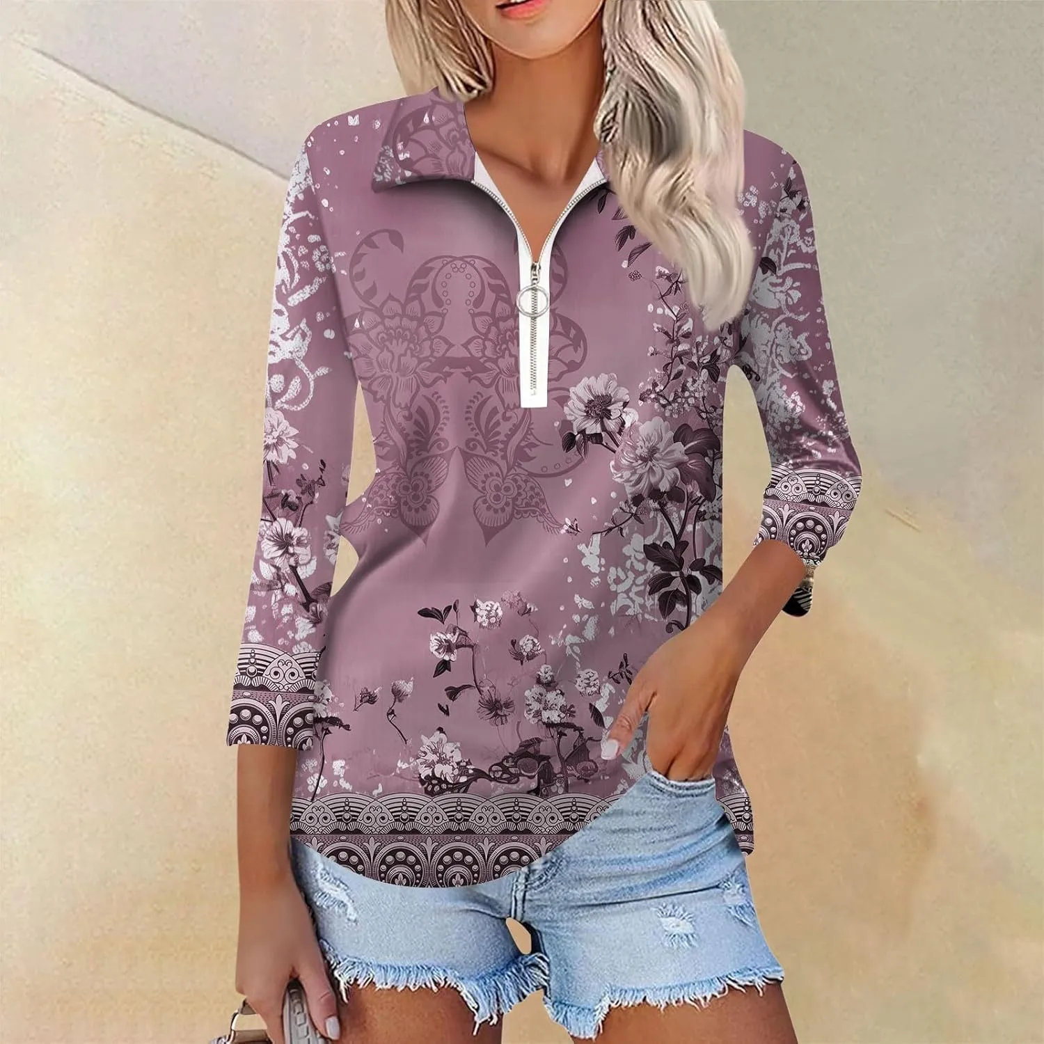 3/4 Length Sleeve Shirts for Women 2024 Trendy 1/2 Zipper Collar Lapel Tops Plain Color Tees Tunic Blouses Clothing