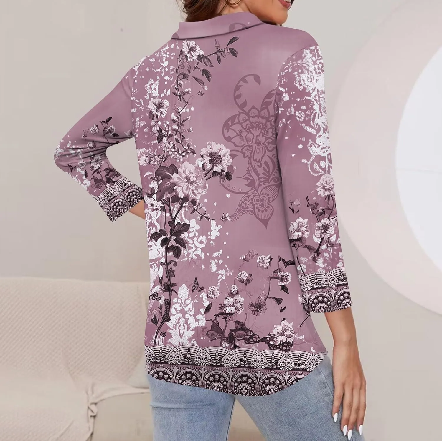 3/4 Length Sleeve Shirts for Women 2024 Trendy 1/2 Zipper Collar Lapel Tops Plain Color Tees Tunic Blouses Clothing