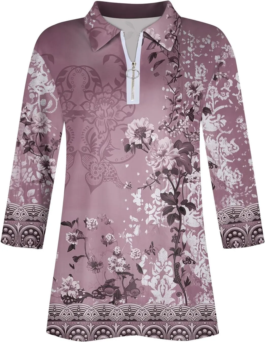3/4 Length Sleeve Shirts for Women 2024 Trendy 1/2 Zipper Collar Lapel Tops Plain Color Tees Tunic Blouses Clothing