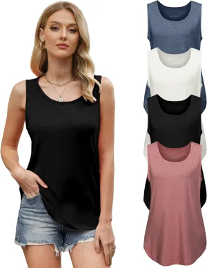 4 Pack Womens Round Neck Tank Tops Casual Loose Fit Sleeveless Summer Tops Basic Shirts Flowy Curved Hem Clothes
