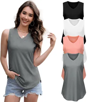 4 Pack Womens V Neck Tank Tops Casual Loose Fit Sleeveless Summer Tops Basic Shirts Flowy Curved Hem Outfits Clothes