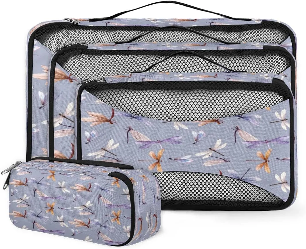 4 Set Packing Cubes Dragonfly Print Travel Accessories Mesh Organizer Bag Luggage Travel Essentials for Carry on Suitcases
