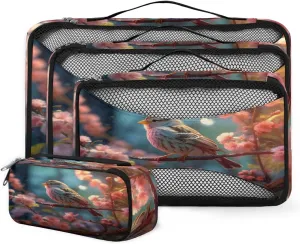 4 Set Packing Cubes for Suitcases, Travel Essentials for Carry on Luggage, Abstract Bird Suitcase Organizers for Clothes Shoes Toiletries Travel Accessories in 4 Sizes - Pretty Birds