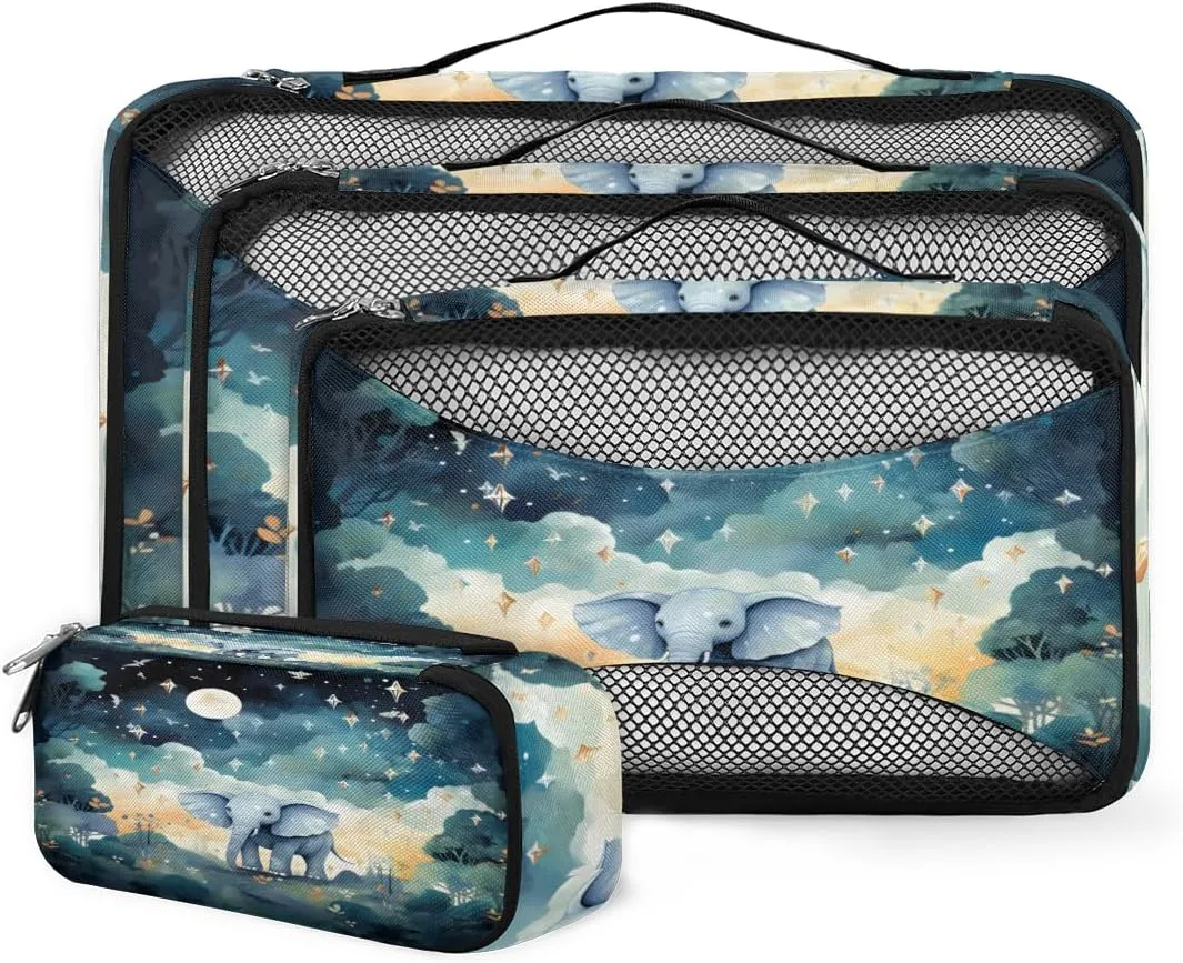 4 Set Packing Cubes for Suitcases, Travel Essentials for Carry on Luggage, Abstract Elephant Suitcase Organizers for Clothes Shoes Toiletries Travel Accessories in 4 Sizes - Cartoon Elephant