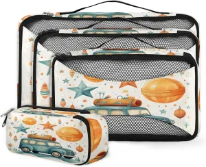 4 Set Packing Cubes for Suitcases, Travel Essentials for Carry on Luggage, Abstract Truck Suitcase Organizers for Clothes Shoes Toiletries Travel Accessories in 4 Sizes - Colorful Truck
