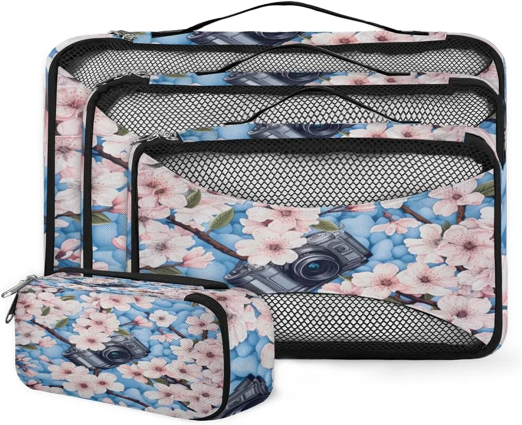 4 Set Packing Cubes for Suitcases, Travel Essentials for Carry on Luggage, Artistic Flowers Suitcase Organizers for Clothes Shoes Toiletries Travel Accessories in 4 Sizes - Ethnic Flowers