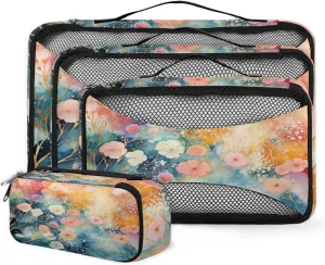 4 Set Packing Cubes for Suitcases, Travel Essentials for Carry on Luggage, Artistic Flowers Suitcase Organizers for Clothes Shoes Toiletries Travel Accessories in 4 Sizes - Watercolor Flowers