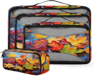 4 Set Packing Cubes for Suitcases, Travel Essentials for Carry on Luggage, Artistic Leaves Suitcase Organizers for Clothes Shoes Toiletries Travel Accessories in 4 Sizes - Watercolor Maple Leaves