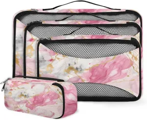 4 Set Packing Cubes for Suitcases, Travel Essentials for Carry on Luggage, Artistic Marble Suitcase Organizers for Clothes Shoes Toiletries Travel Accessories in 4 Sizes - Pink Gold Marble