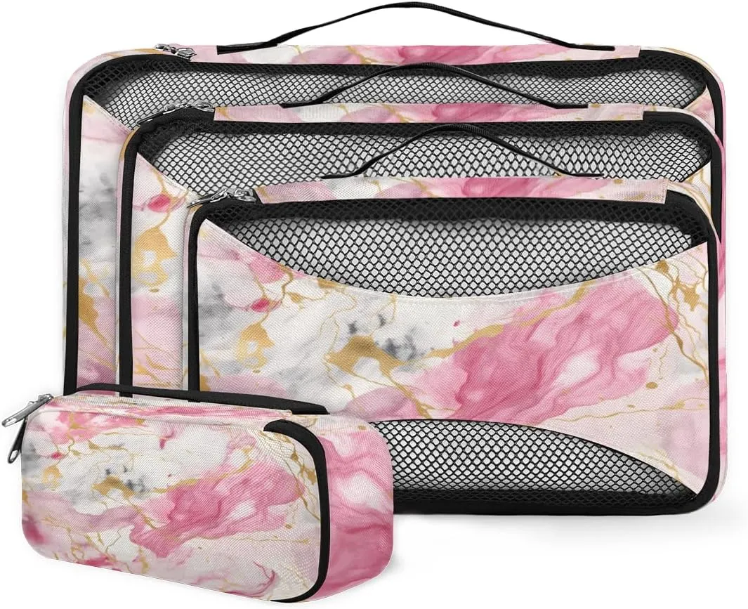 4 Set Packing Cubes for Suitcases, Travel Essentials for Carry on Luggage, Artistic Marble Suitcase Organizers for Clothes Shoes Toiletries Travel Accessories in 4 Sizes - Pink Gold Marble