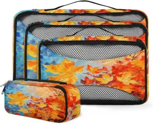 4 Set Packing Cubes for Suitcases, Travel Essentials for Carry on Luggage, Autumn Leaves Suitcase Organizers for Clothes Shoes Toiletries Travel Accessories in 4 Sizes - Watercolor Maple Leaves