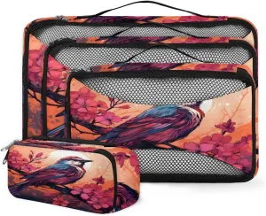 4 Set Packing Cubes for Suitcases, Travel Essentials for Carry on Luggage, Beautiful Bird Suitcase Organizers for Clothes Shoes Toiletries Travel Accessories in 4 Sizes - Retro Bird