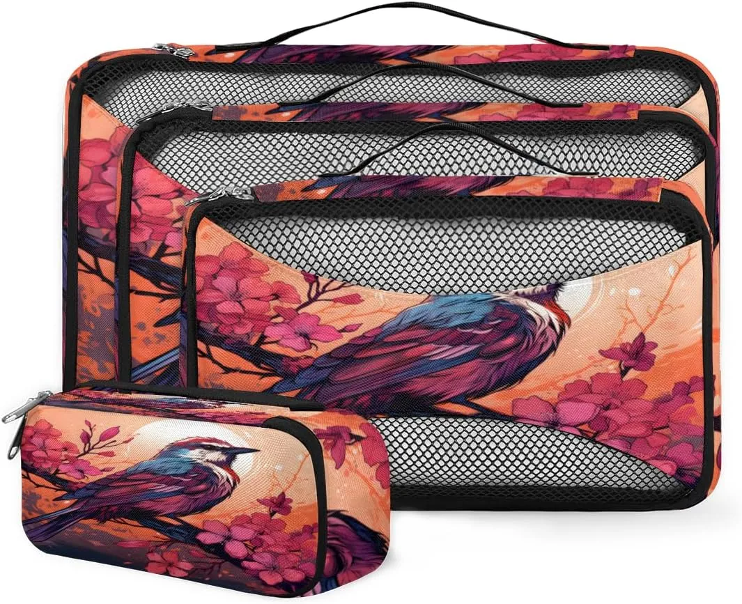 4 Set Packing Cubes for Suitcases, Travel Essentials for Carry on Luggage, Beautiful Bird Suitcase Organizers for Clothes Shoes Toiletries Travel Accessories in 4 Sizes - Retro Bird