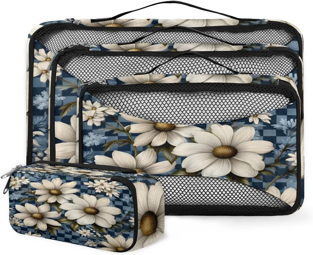 4 Set Packing Cubes for Suitcases, Travel Essentials for Carry on Luggage, Beautiful Flower Suitcase Organizers for Clothes Shoes Toiletries Travel Accessories in 4 Sizes - Oil Painting Flower