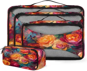 4 Set Packing Cubes for Suitcases, Travel Essentials for Carry on Luggage, Beautiful Flower Suitcase Organizers for Clothes Shoes Toiletries Travel Accessories in 4 Sizes - Rose Flower