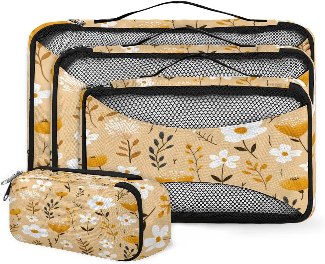 4 Set Packing Cubes for Suitcases, Travel Essentials for Carry on Luggage, Beautiful Flowers Suitcase Organizers for Clothes Shoes Toiletries Travel Accessories in 4 Sizes - Bright Flowers