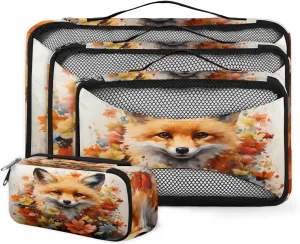 4 Set Packing Cubes for Suitcases, Travel Essentials for Carry on Luggage, Beautiful Fox Suitcase Organizers for Clothes Shoes Toiletries Travel Accessories in 4 Sizes - Flower Fox