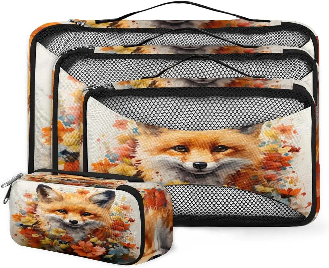 4 Set Packing Cubes for Suitcases, Travel Essentials for Carry on Luggage, Beautiful Fox Suitcase Organizers for Clothes Shoes Toiletries Travel Accessories in 4 Sizes - Flower Fox