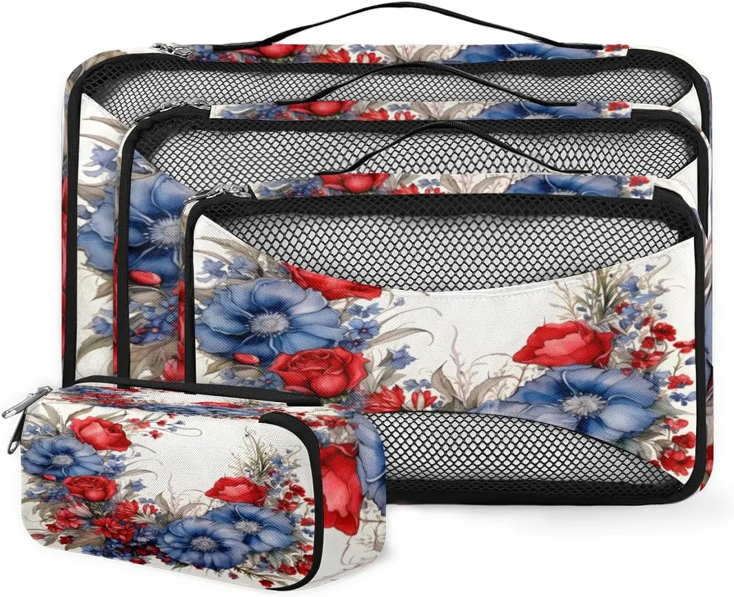 4 Set Packing Cubes for Suitcases, Travel Essentials for Carry on Luggage, Beautiful Rose Suitcase Organizers for Clothes Shoes Toiletries Travel Accessories in 4 Sizes - Retro Rose
