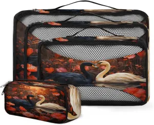 4 Set Packing Cubes for Suitcases, Travel Essentials for Carry on Luggage, Black & White Swan Suitcase Organizers for Clothes Shoes Toiletries Travel Accessories in 4 Sizes - Swan