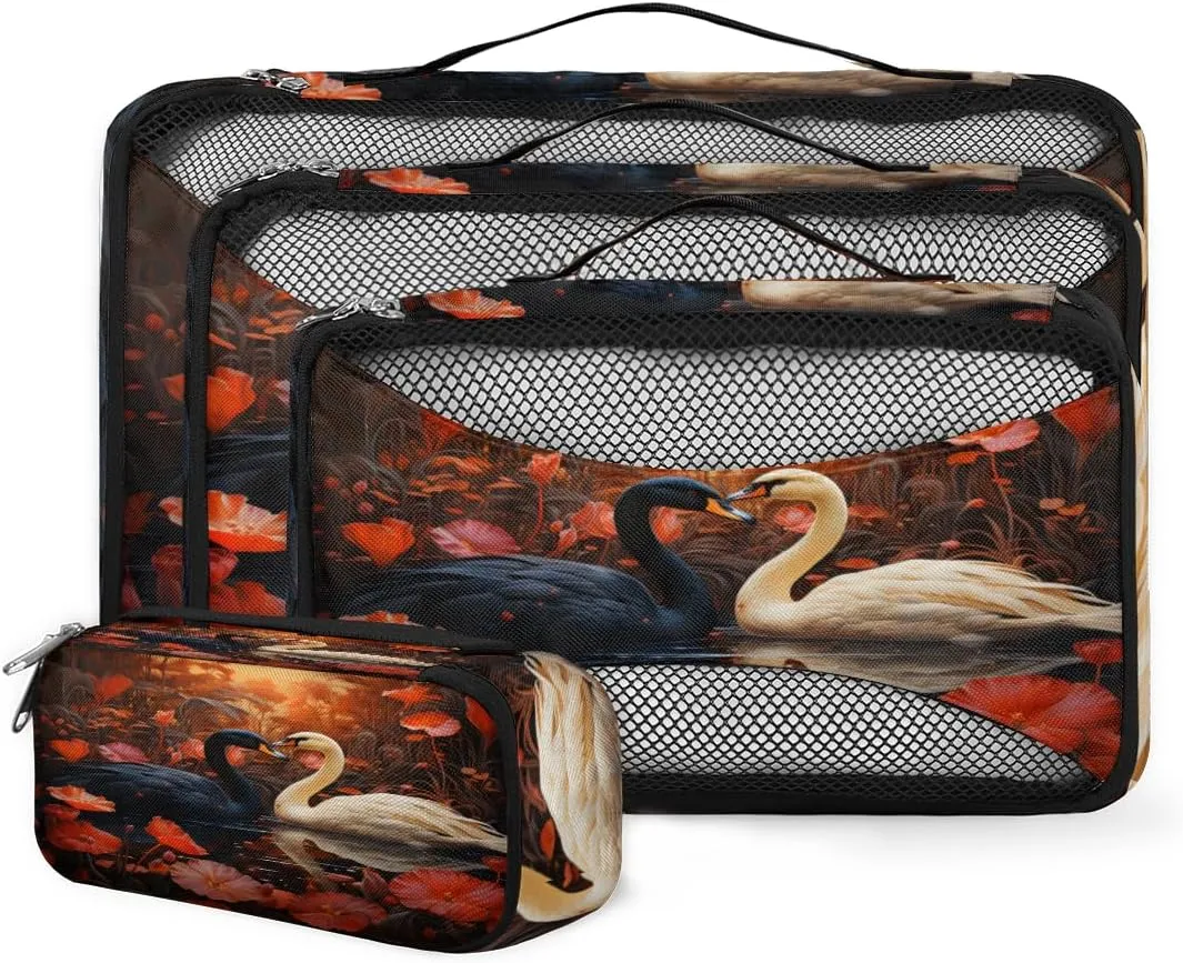 4 Set Packing Cubes for Suitcases, Travel Essentials for Carry on Luggage, Black & White Swan Suitcase Organizers for Clothes Shoes Toiletries Travel Accessories in 4 Sizes - Swan