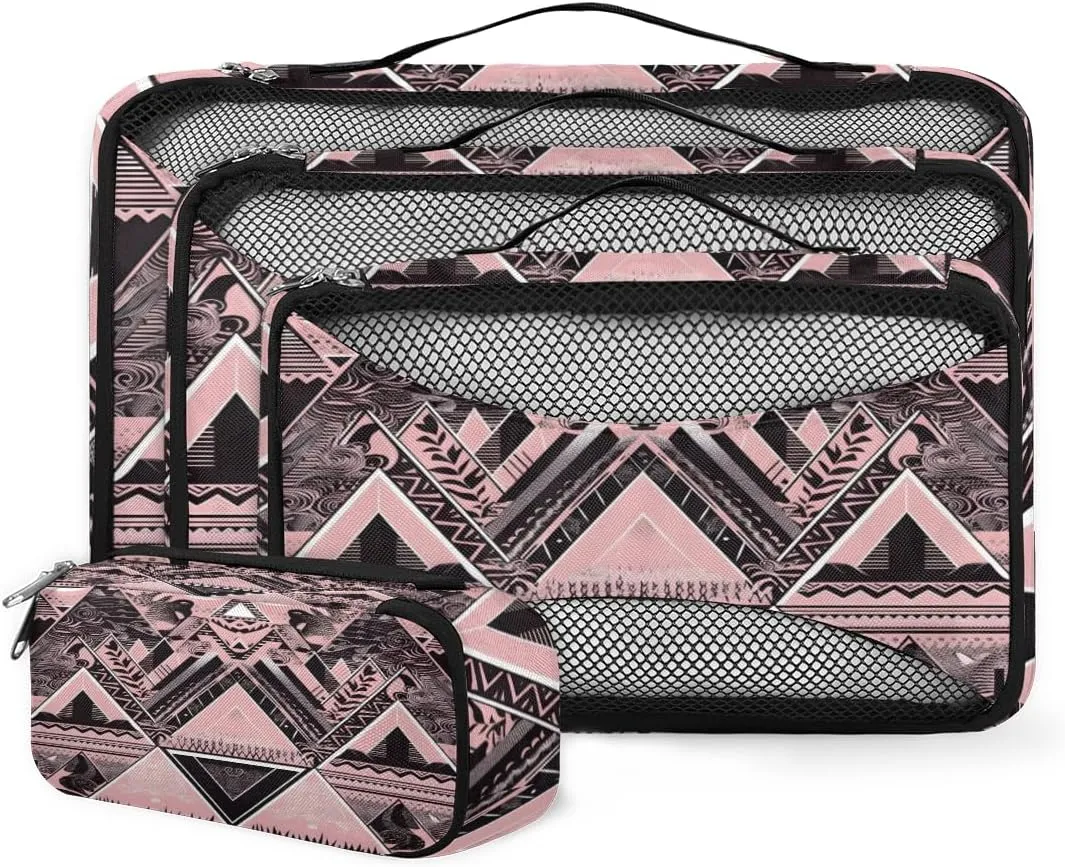4 Set Packing Cubes for Suitcases, Travel Essentials for Carry on Luggage, Black Geometry Suitcase Organizers for Clothes Shoes Toiletries Travel Accessories in 4 Sizes - Pink Ethnic Aztec