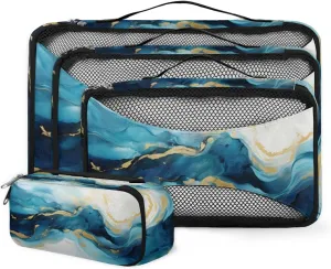 4 Set Packing Cubes for Suitcases, Travel Essentials for Carry on Luggage, Blue Gold Marble Suitcase Organizers for Clothes Shoes Toiletries Travel Accessories in 4 Sizes - Oil Painting Marble
