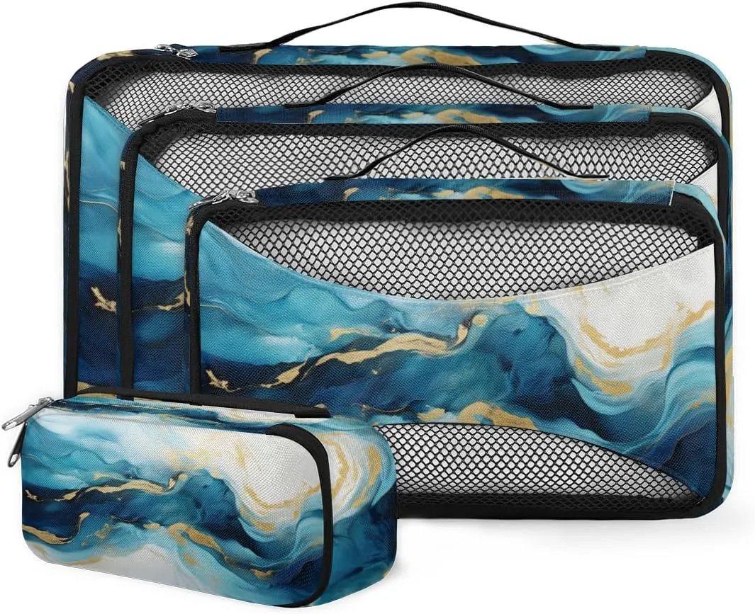 4 Set Packing Cubes for Suitcases, Travel Essentials for Carry on Luggage, Blue Gold Marble Suitcase Organizers for Clothes Shoes Toiletries Travel Accessories in 4 Sizes - Oil Painting Marble