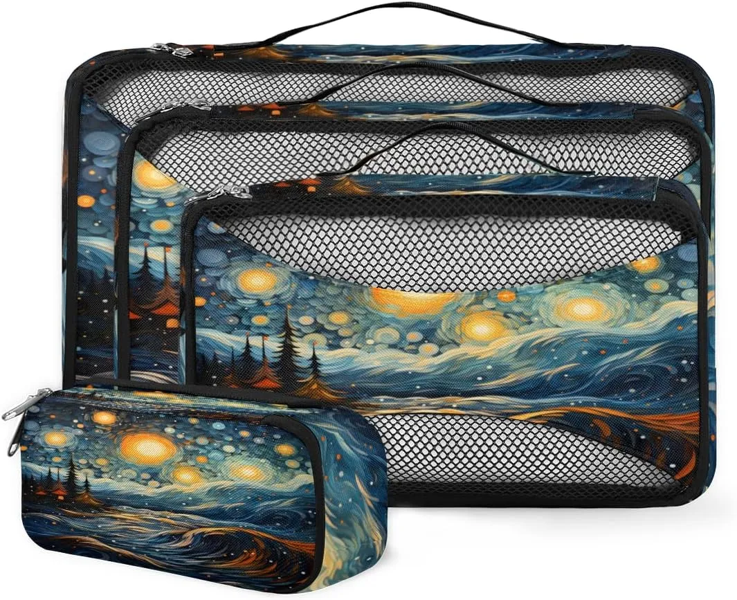4 Set Packing Cubes for Suitcases, Travel Essentials for Carry on Luggage, Bright Galaxy Suitcase Organizers for Clothes Shoes Toiletries Travel Accessories in 4 Sizes - Cartoon Galaxy