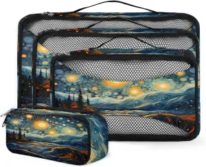 4 Set Packing Cubes for Suitcases, Travel Essentials for Carry on Luggage, Bright Galaxy Suitcase Organizers for Clothes Shoes Toiletries Travel Accessories in 4 Sizes - Cartoon Galaxy