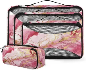 4 Set Packing Cubes for Suitcases, Travel Essentials for Carry on Luggage, Bright Marble Suitcase Organizers for Clothes Shoes Toiletries Travel Accessories in 4 Sizes - Pink Gold Marble