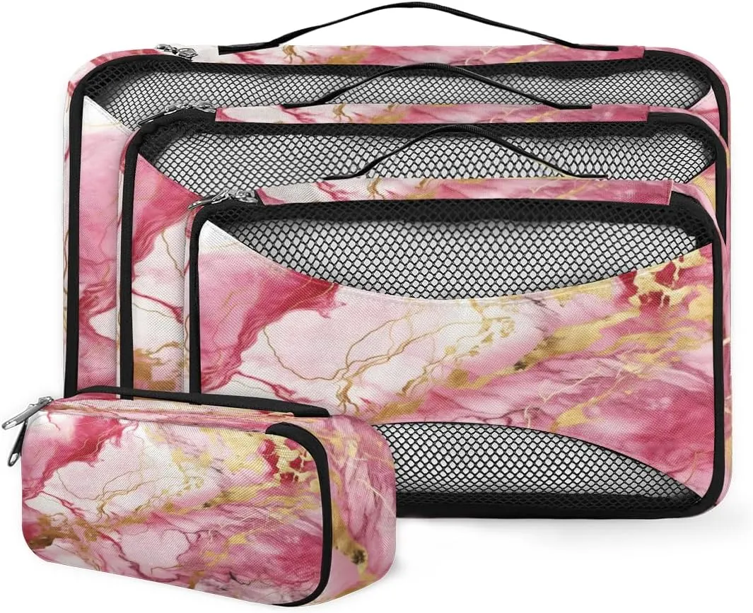 4 Set Packing Cubes for Suitcases, Travel Essentials for Carry on Luggage, Bright Marble Suitcase Organizers for Clothes Shoes Toiletries Travel Accessories in 4 Sizes - Pink Gold Marble