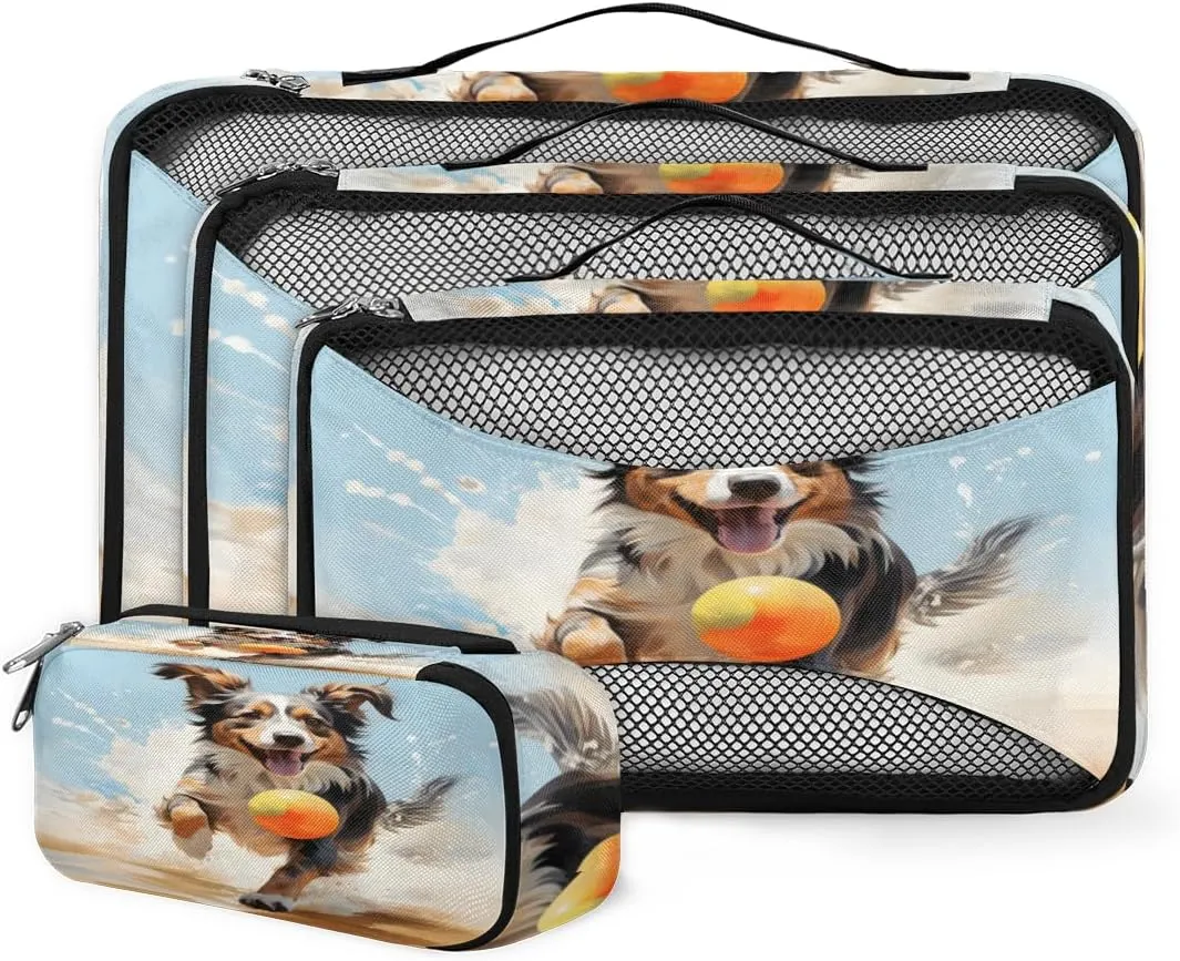 4 Set Packing Cubes for Suitcases, Travel Essentials for Carry on Luggage, Bseball Puppy Suitcase Organizers for Clothes Shoes Toiletries Travel Accessories in 4 Sizes - Lively Dog