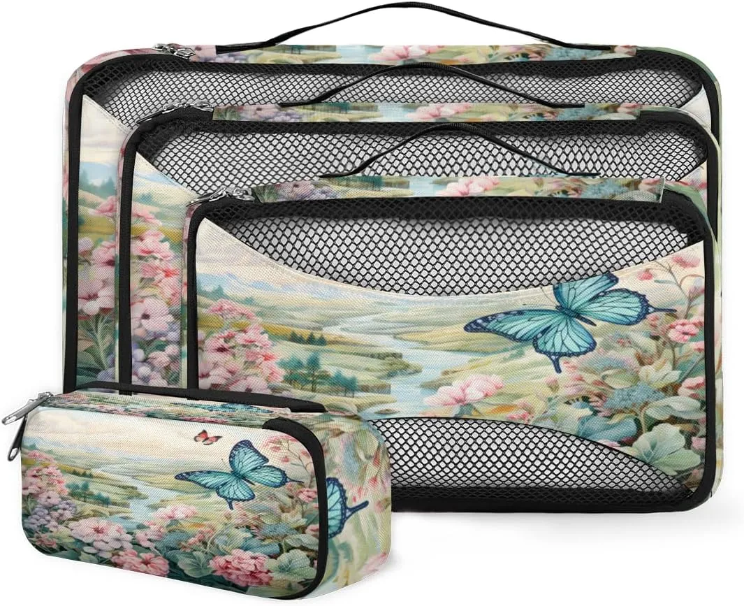 4 Set Packing Cubes for Suitcases, Travel Essentials for Carry on Luggage, Butterfly Floral Suitcase Organizers for Clothes Shoes Toiletries Travel Accessories in 4 Sizes - Mystical Flower