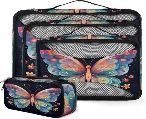 4 Set Packing Cubes for Suitcases, Travel Essentials for Carry on Luggage, Cartoon Butterfly Suitcase Organizers for Clothes Shoes Toiletries Travel Accessories in 4 Sizes - Abstract Butterfly